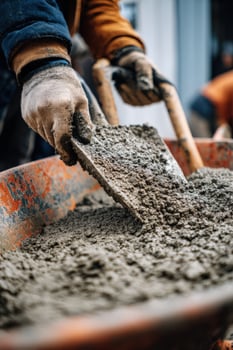 First-person View of Hands Mixing Cement in Wheelbarrow with Shovel photo