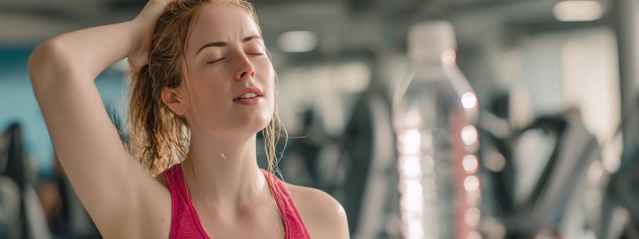 A woman in a gym with her head in her hands photo