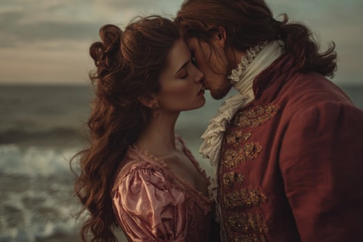 A man and woman in period clothing kissing on the beach photo