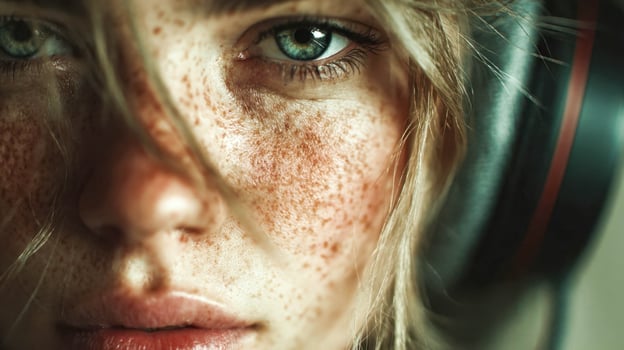 Close-up portrait of a young woman with freckles wearing headphones, showcasing beauty, serenity, and the enjoyment of music photo