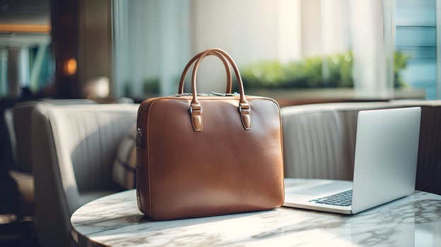 Brown leather briefcase and laptop sitting on marble table in hotel lobby photo