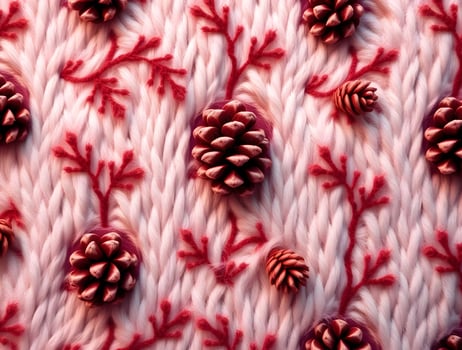 Cozy Winter Knit Texture Pink Yarn with Red Branches and Pine Cones photo
