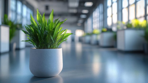 A plant in a white pot on the floor in an office photo