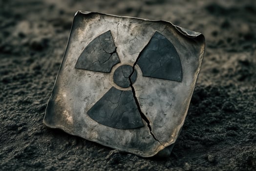 Broken Radioactive Placard on Dirt Ground Symbolizing Danger and Hazard in Industrial Setting with Copy Space Environmental Concept photo