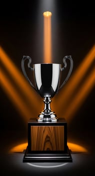 A trophy on a wooden stand in front of a spotlight photo