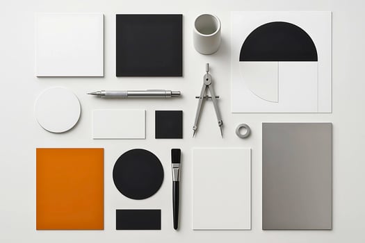 Flat lay of black and white geometric office tools and stationery on clean minimalist background photo