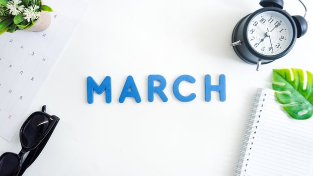 Flat lay composition with blue color foam letters spelling word MARCH isolated on white background photo