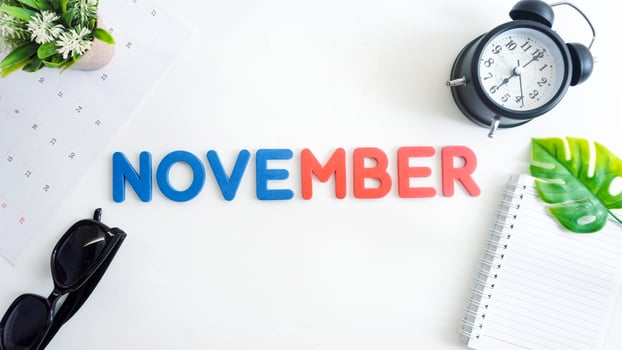 Flat lay composition with red and blue color foam letters spelling word NOVEMBER isolated on white background photo