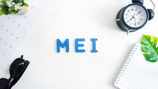 Flat lay composition with blue color foam letters spelling word Mei isolated on white background photo