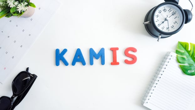 Flat lay composition with red and blue color foam letters spelling word thursday in Indonesian, KAMIS isolated on white background photo