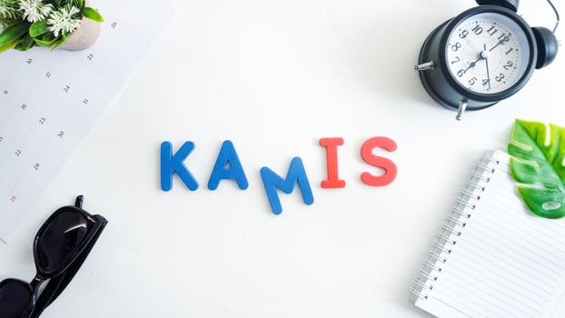 Flat lay composition with blue and red color foam letters spelling word thursday in Indonesian, KAMIS isolated on white background photo