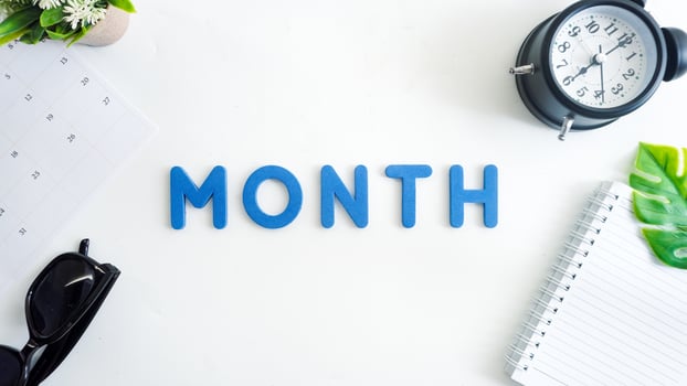 Flat lay composition with blue color foam letters spelling word MONTH isolated on white background photo