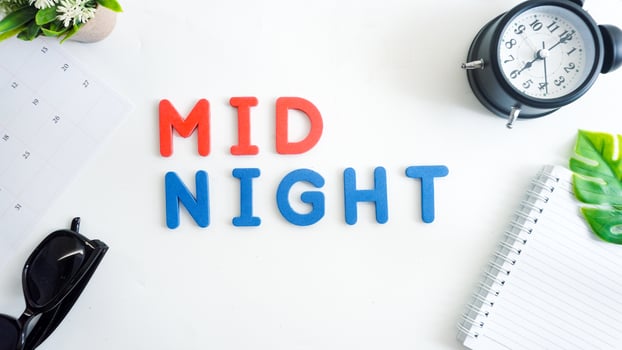 Flat lay composition with red and blue color foam letters spelling word MIDNIGHT isolated on white background photo
