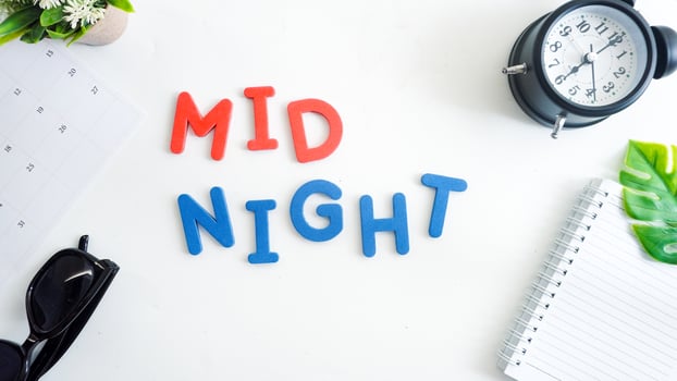 Flat lay composition with blue and red color foam letters spelling word MIDNIGHT isolated on white background photo