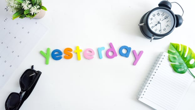 Flat lay composition with colorful foam letters spelling word YESTERDAY isolated on white background photo