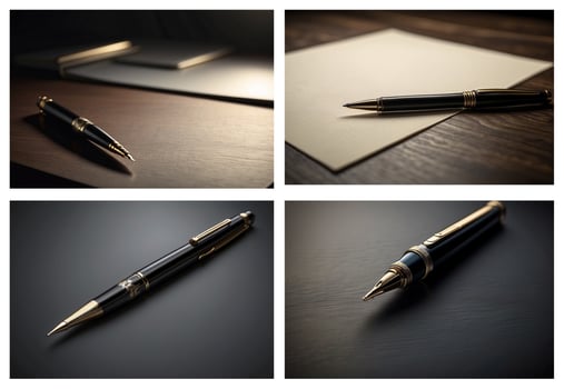 Image Set of Expensive Elegant Pen on Desk Fading to Black Background photo