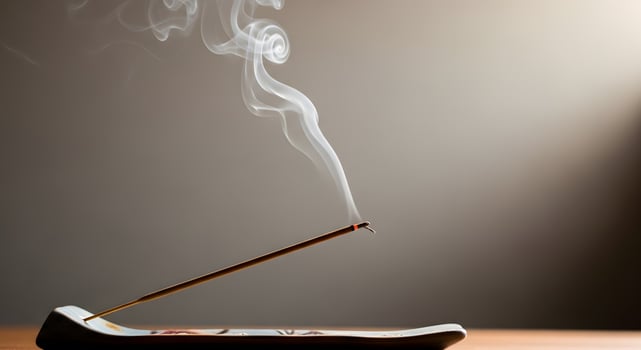 An incense stick is sitting on top of a wooden table photo