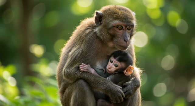 A mother monkey cradling her baby, showcasing tenderness and animal affection photo
