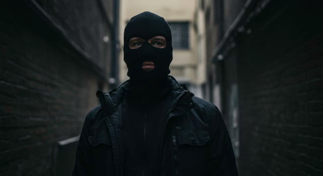 Mysterious Person in Black Balaclava in Dark Alleyway Shows Suspenseful Concept photo