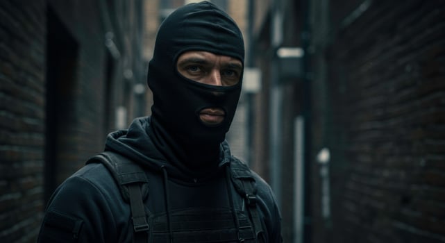 A man in a balaclava stands in an alley, looking directly at the camera photo