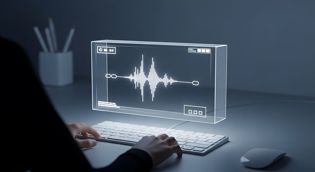 A person typing on a computer with a sound wave on the screen photo