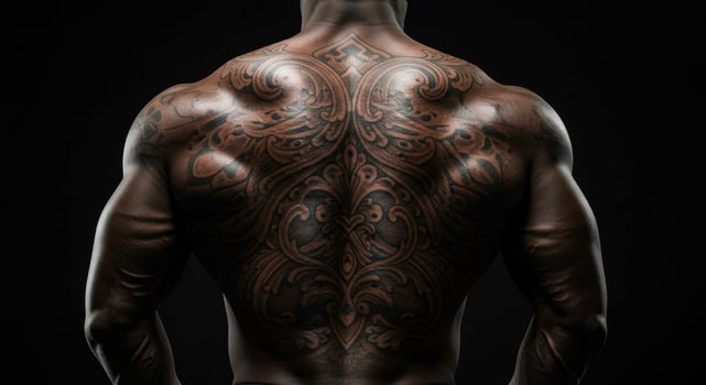 Intricate Tattoo Art on a Muscular Male Back Against a Dark Background photo