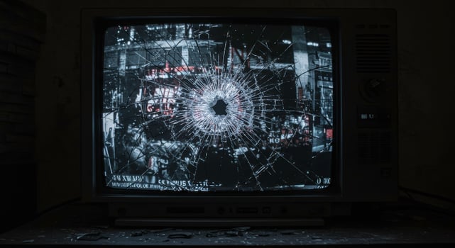 A broken television screen displays a city scene in a dark and ominous atmosphere photo