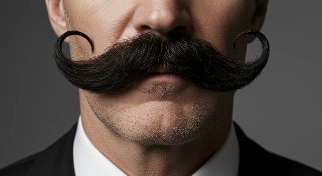 Close-up of a man's face with a large, curled mustache in monochrome photo