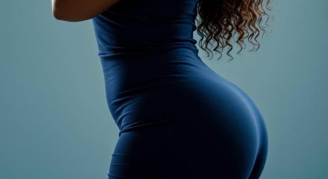 Woman's silhouette in blue dress, highlighting her shape, on gray background photo