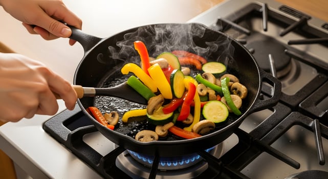 A person stirring vegetables in a pan on the stove photo