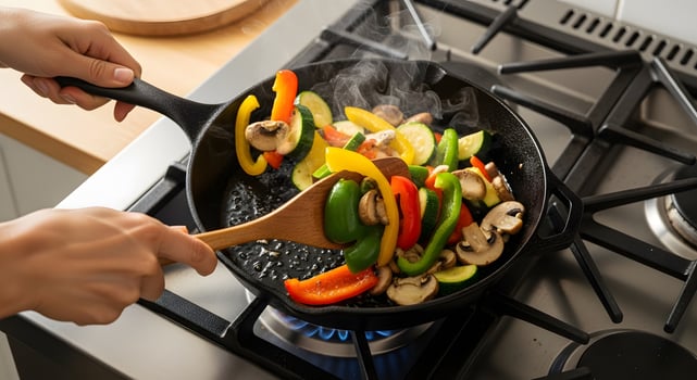 A person is cooking vegetables in a pan on the stove photo