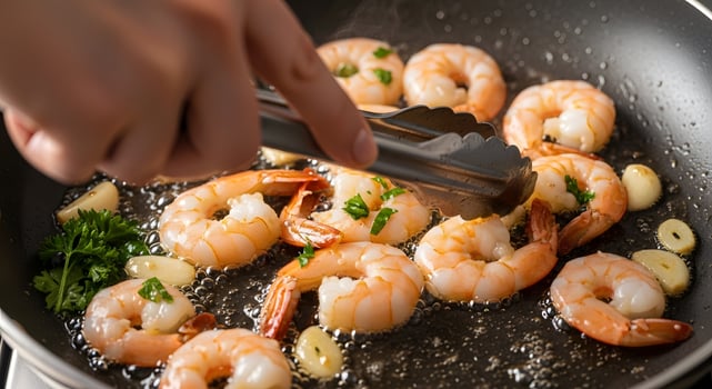 Shrimp frying in a pan photo