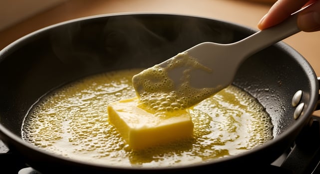 A person stirring butter into a pan photo