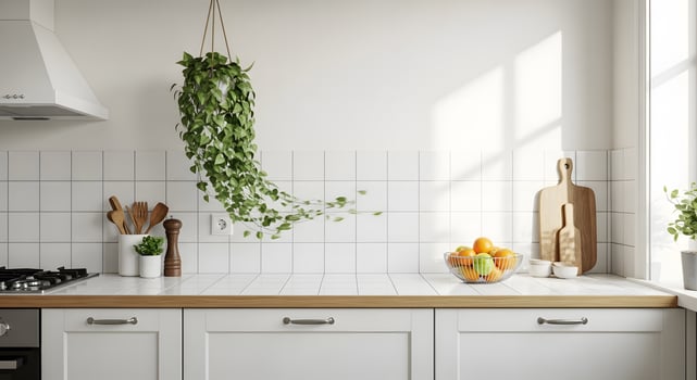 A kitchen with white walls and a hanging plant photo
