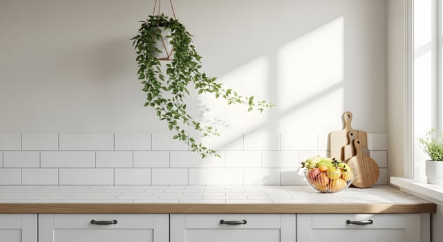 A kitchen with white cabinets and a plant on the counter photo