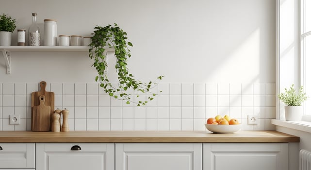 A kitchen with white cabinets and a window photo