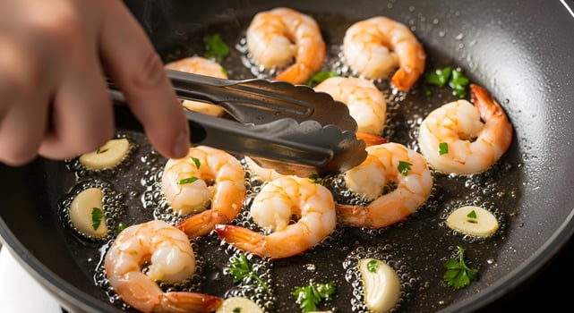Shrimp being cooked in a pan with a spatula photo
