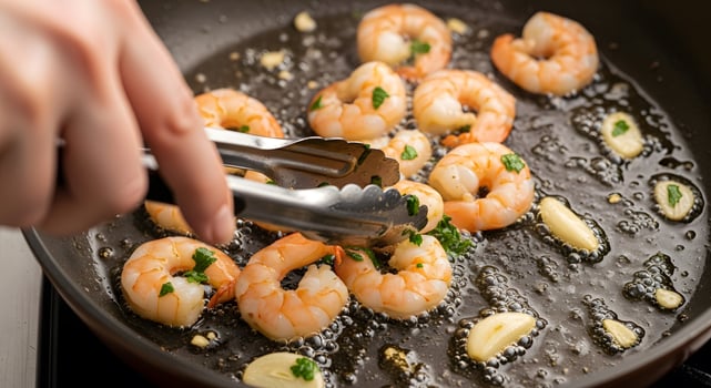 Shrimp in a frying pan being cooked photo