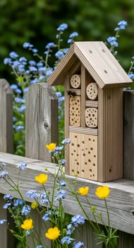 A wooden bee house with a flower garden in the background photo