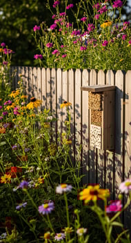 A bee house on a fence with flowers photo