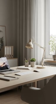 A desk with a laptop and a lamp on it photo