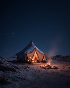 Two Canvas Tents in an Open Desert Field Glowing from Within at Night photo