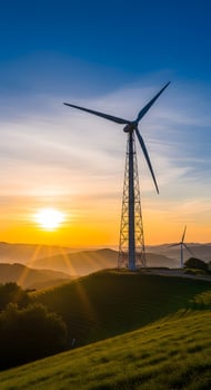 Wind turbines on a hillside at sunset photo