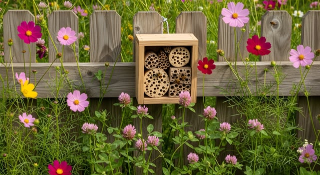 A wooden box with a bee house on it in a field of flowers photo