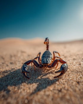 Scorpion subtly hidden under desert sand layer, only its tail visible, cracks in dry terrain and bright blue sky in middle shot perspective photo