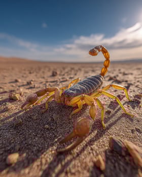 Hidden sidewinder snake partially covered by sand, dynamic trail pattern with crisp shadows under vast desert sky, mid distance composition photo