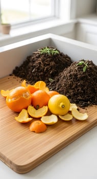 A wooden cutting board with a pile of dirt and oranges photo