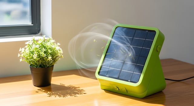 A green solar powered fan sitting on a table next to a plant photo