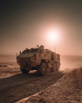 Desert Patrol Scene Featuring Military Inspired Armored Vehicle in Bright Sun photo