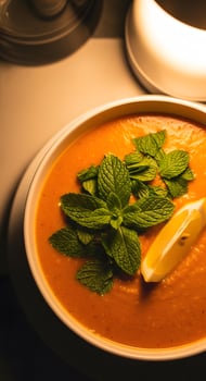 A bowl of soup with a lemon and mint garnish photo